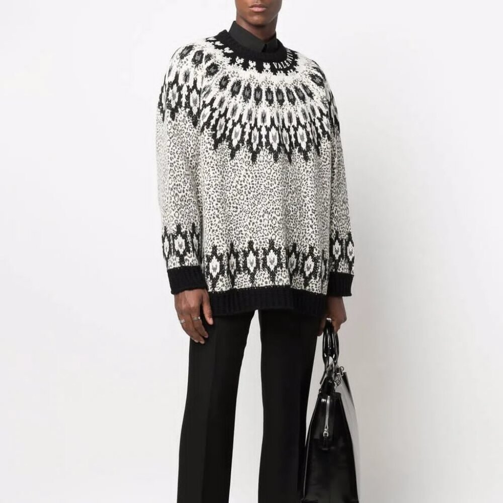 NWT VALENTINO Italy Animalier Leopard Fair Isle Logo Wool Sweater M MSRP $2790